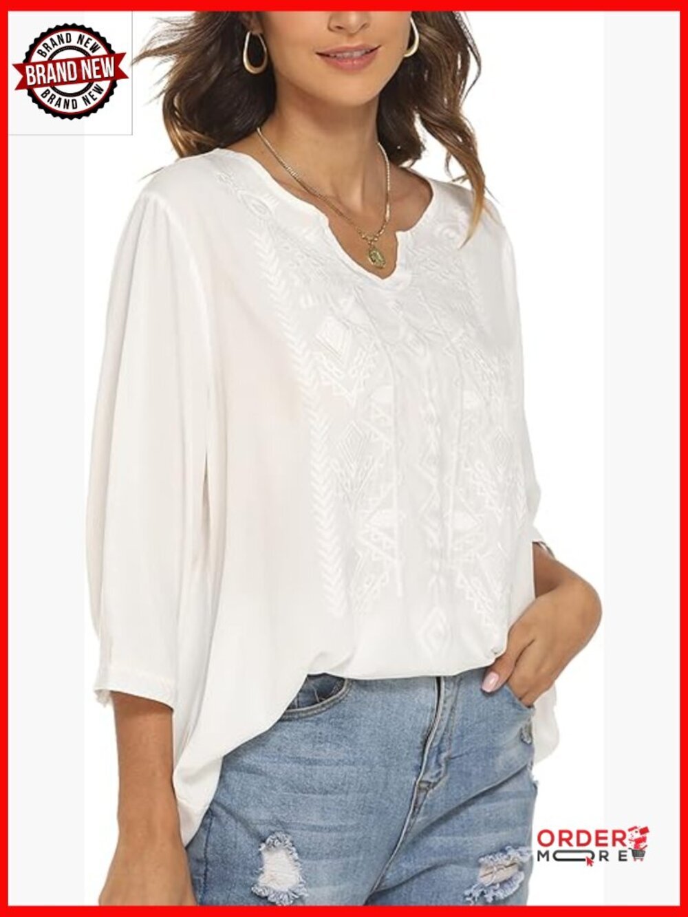 Embroidered Tunic Top, Loose Fit V-Neck Blouse Casual Summer Rayon